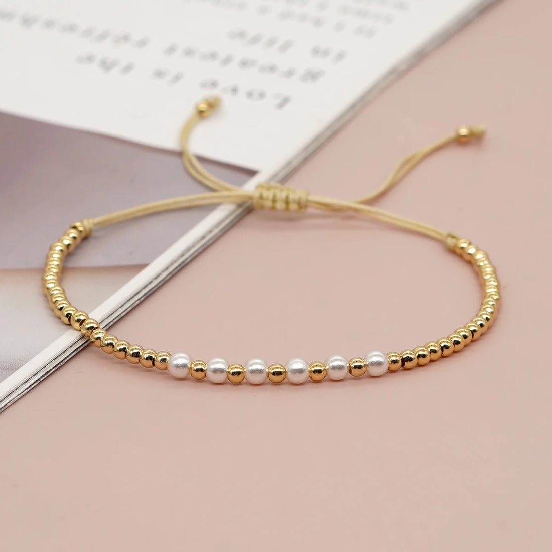 Gold Bead & Pearl Adjustable Bracelet