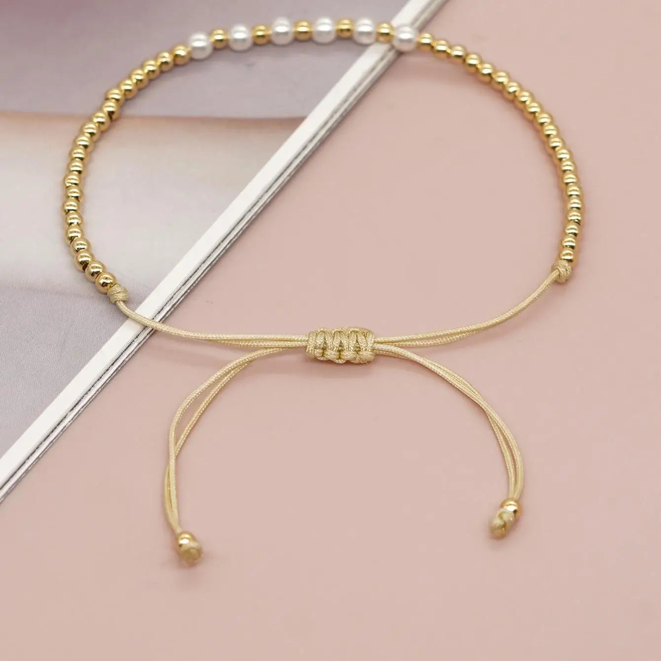 Gold Bead & Pearl Adjustable Bracelet