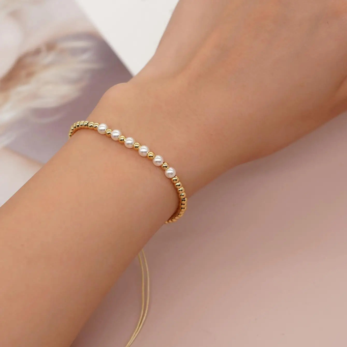 Gold Bead & Pearl Adjustable Bracelet