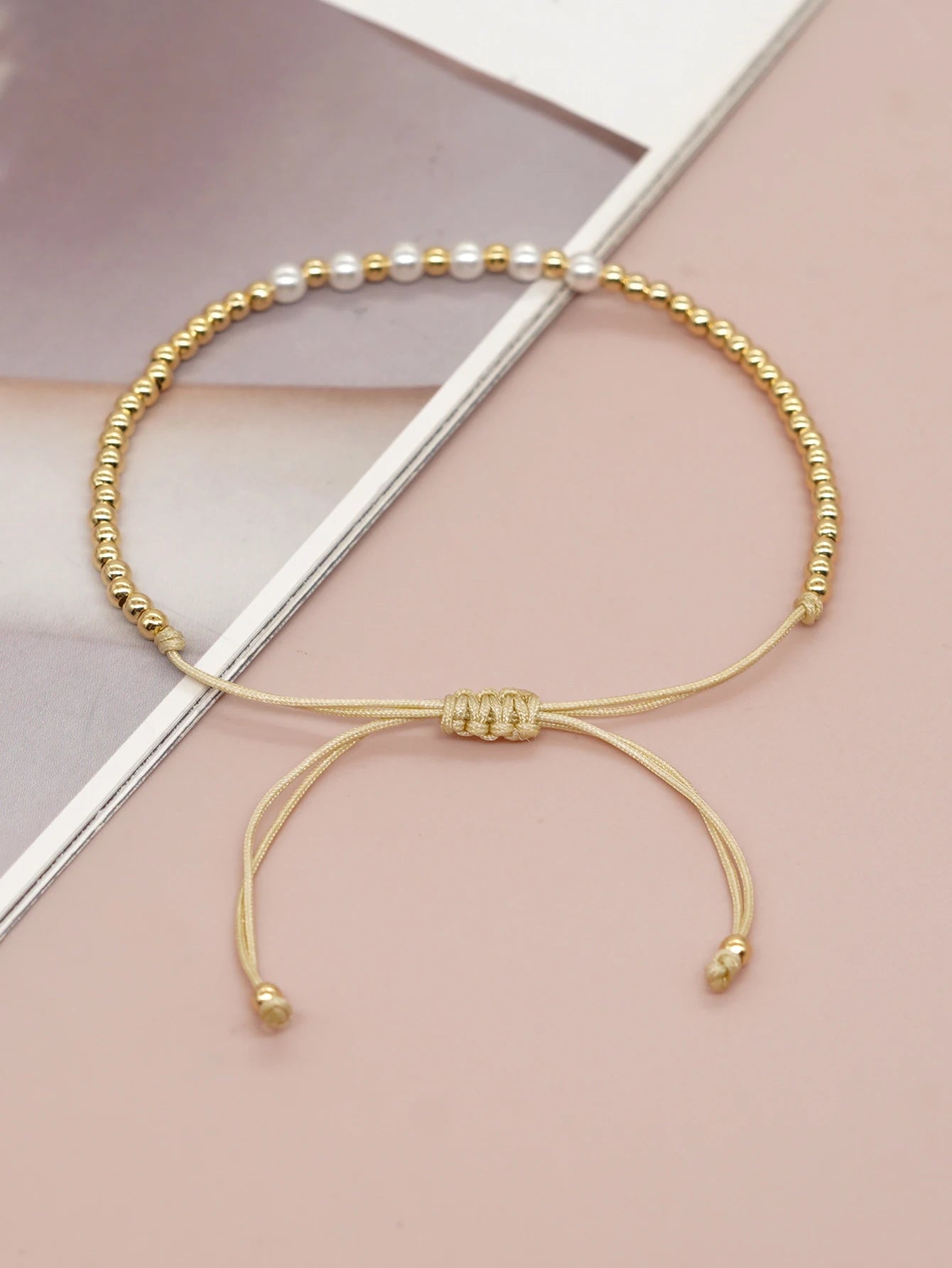 Gold Bead & Pearl Adjustable Bracelet