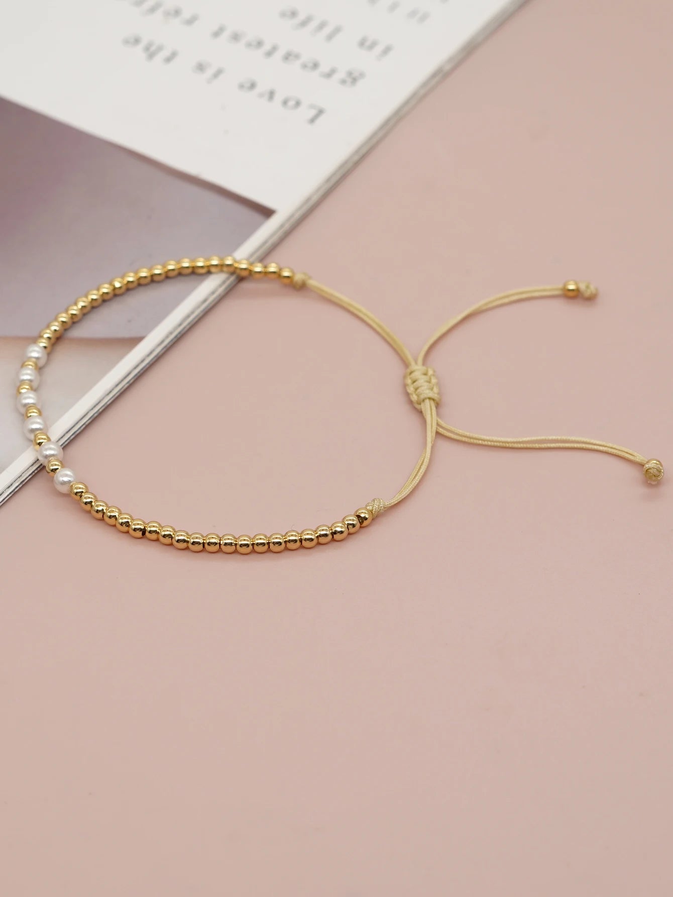 Gold Bead & Pearl Adjustable Bracelet